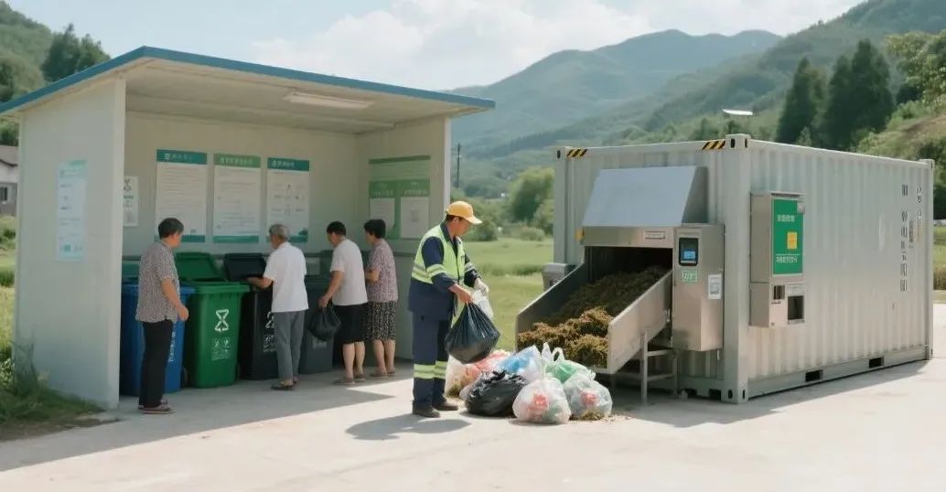 农村垃圾分类站点，环卫工人在分拣垃圾，居民在投放垃圾。旁边还有一个自动进出料的堆肥发酵装备，集装箱式的样子。.jpeg